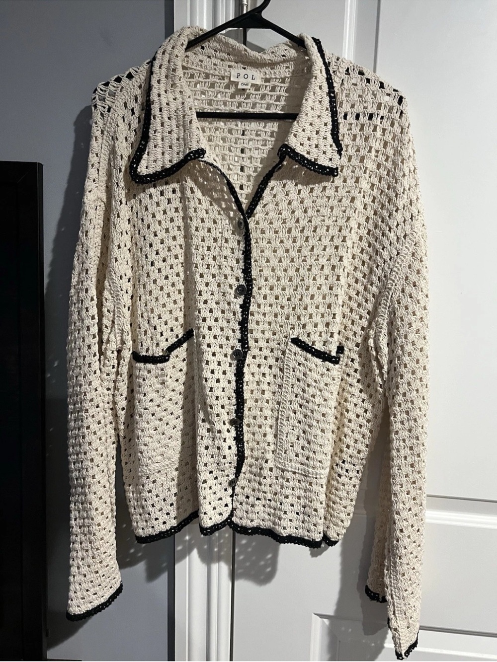 POL Cream Crochet Cardigan with Black Trim New w/o tags one size fits all